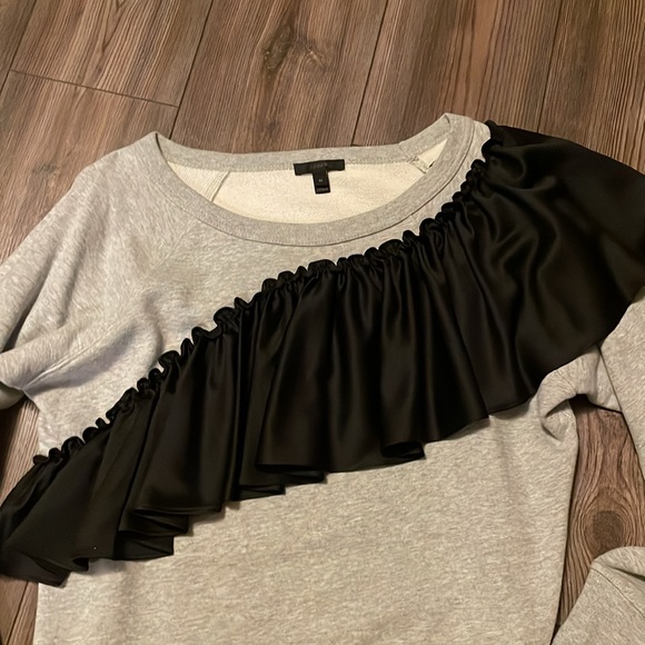 J Crew grey sweatshirt with black satin ruffle. Sz medium - Picture 4 of 5